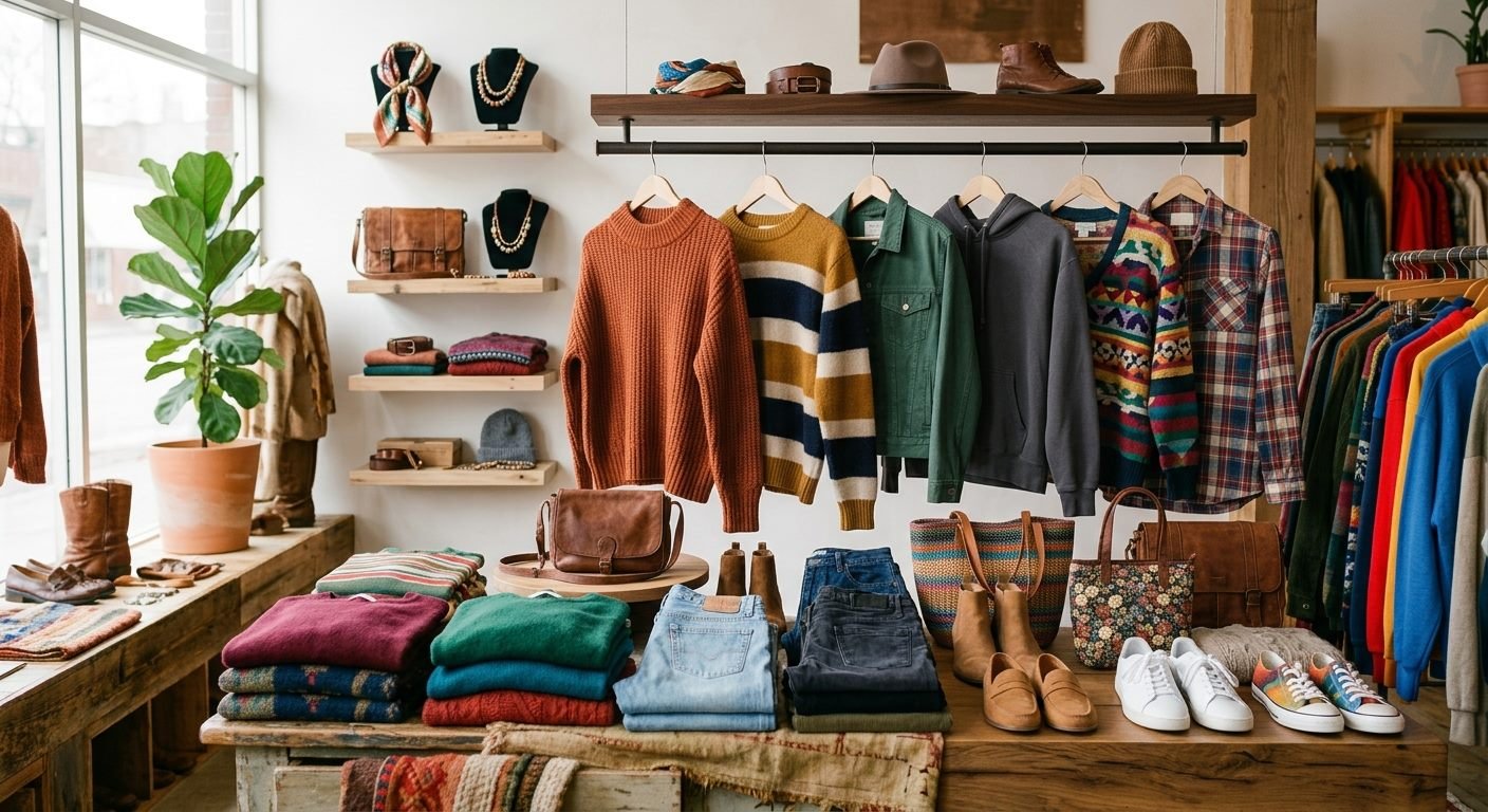 Boutique shelf display of colorful sweaters, bags, jewelry and shoes