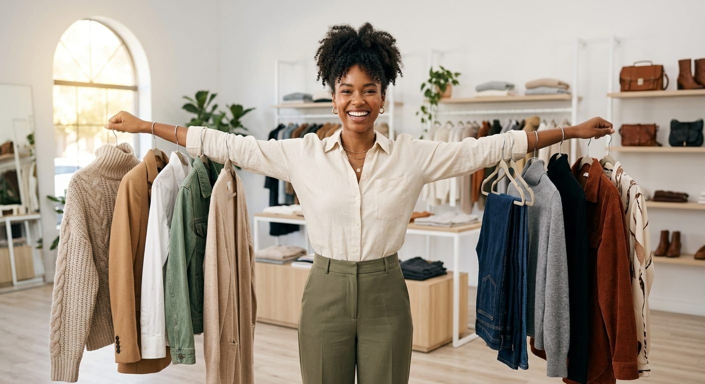 Stylist presenting a curated rack of coordinated clothing