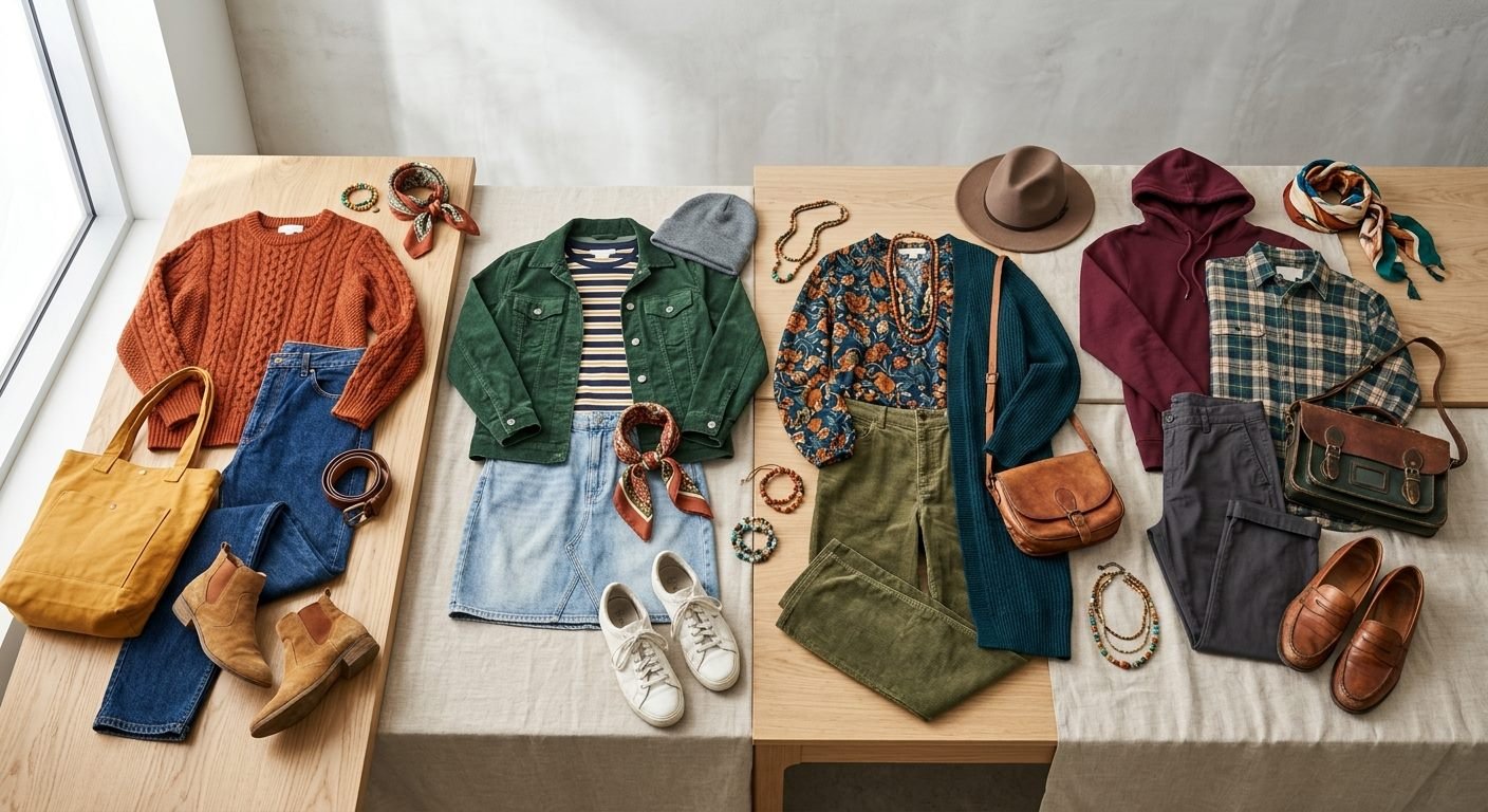 Two complete outfits laid flat showing coordinated color palettes