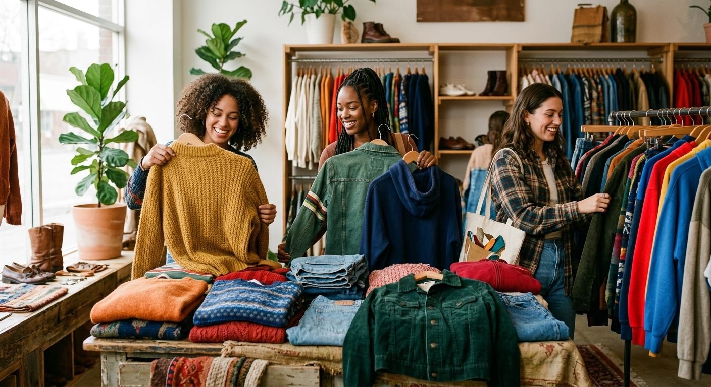 Friends browsing colorful clothing together in a boutique