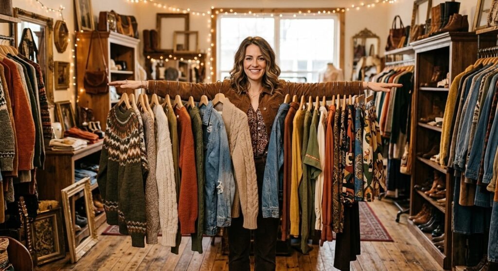 Warm boutique interior with clothing in orange, rust and cream tones