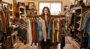 Warm boutique interior with clothing in orange, rust and cream tones