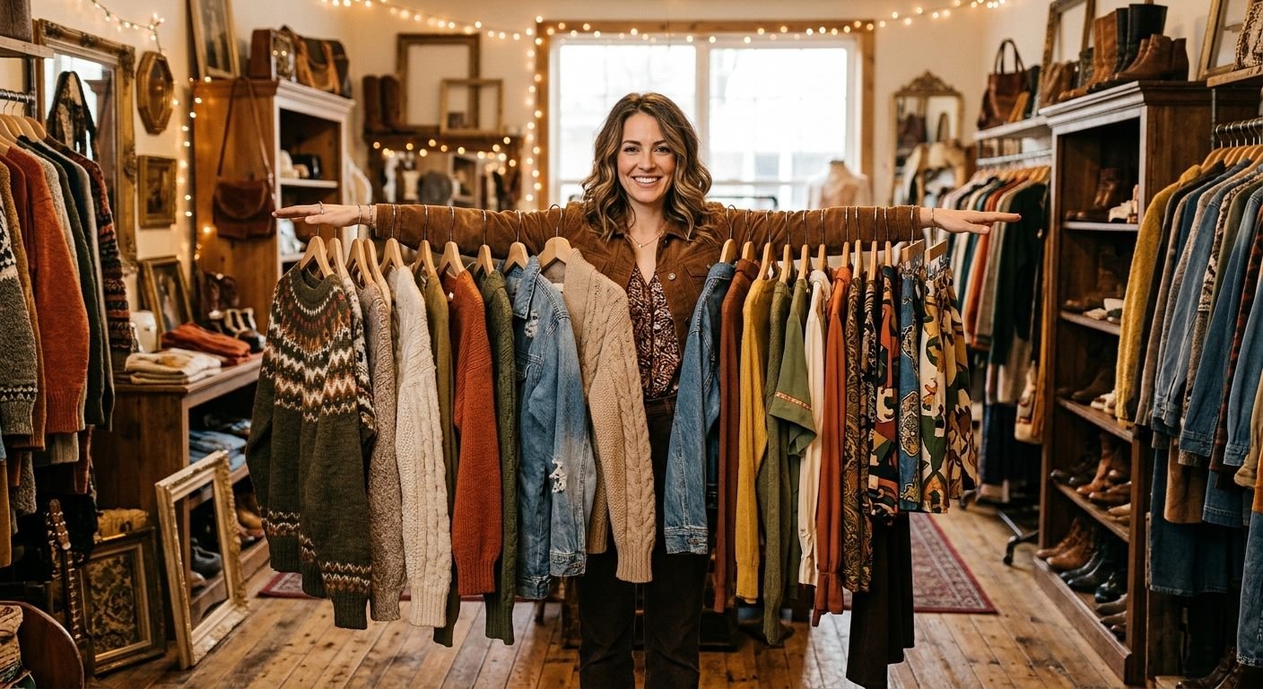 Warm boutique interior with clothing in orange, rust and cream tones